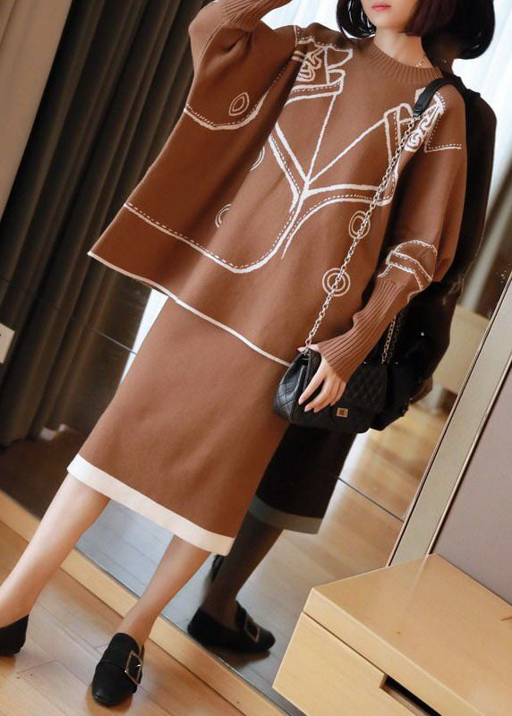 Stylish Khaki O-Neck Oversized Print Knit Two Pieces Set Batwing Sleeve LY1442