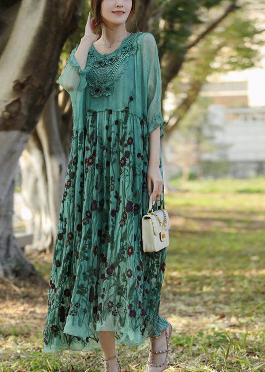 Stylish Lake Green Embroideried Patchwork Silk Long Dress Half Sleeve LY1003