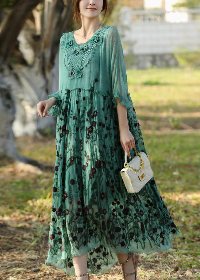 Stylish Lake Green Embroideried Patchwork Silk Long Dress Half Sleeve LY1003