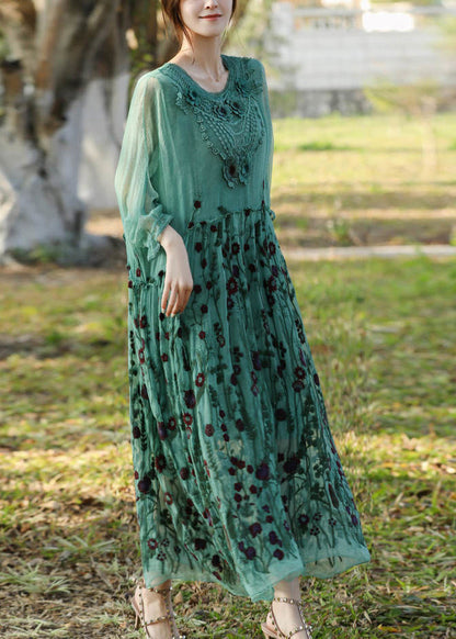 Stylish Lake Green Embroideried Patchwork Silk Long Dress Half Sleeve LY1003