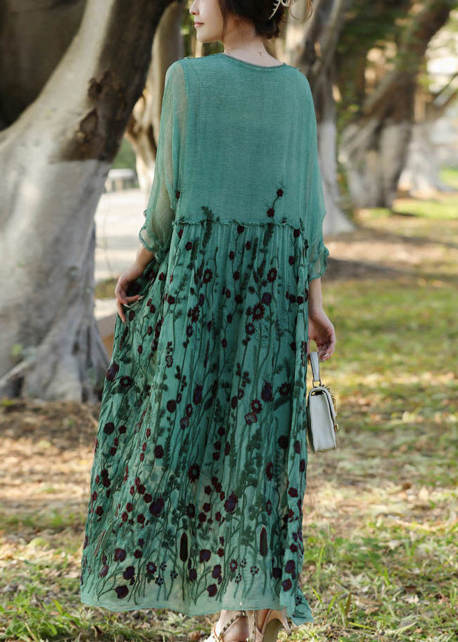 Stylish Lake Green Embroideried Patchwork Silk Long Dress Half Sleeve LY1003