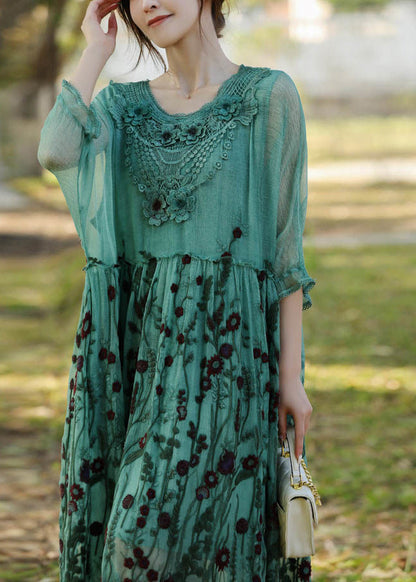 Stylish Lake Green Embroideried Patchwork Silk Long Dress Half Sleeve LY1003