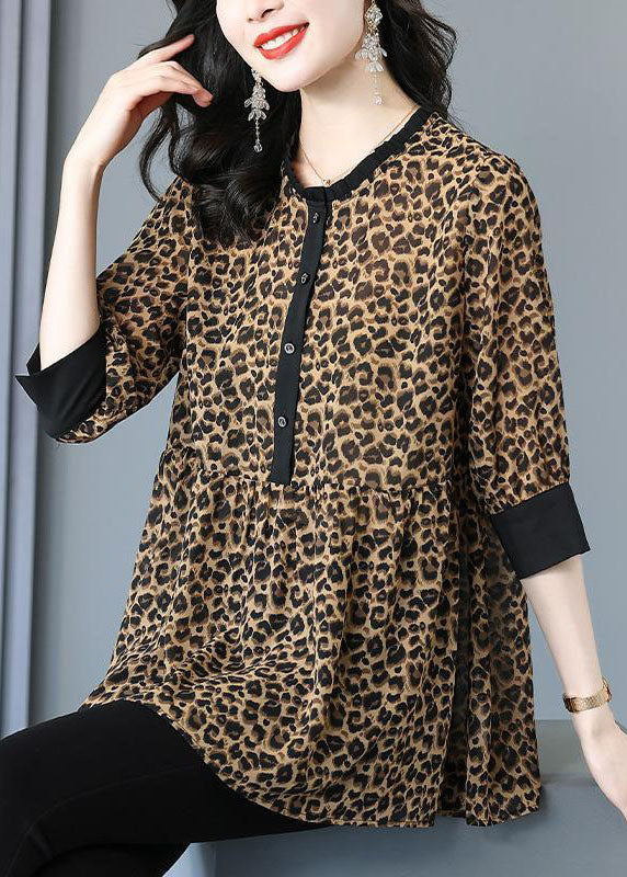 Stylish Leopard O Neck Wrinkled Patchwork Cotton Blouses Summer TP1047