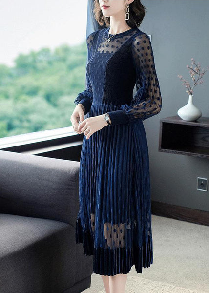 Stylish Navy Hollow Out Patchwork Tulle Long Dress Spring LC0066