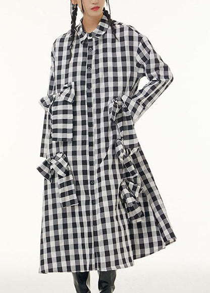 Stylish Plaid Peter Pan Collar Bow Patchwork Cotton Shirts Dresses Spring LY1160