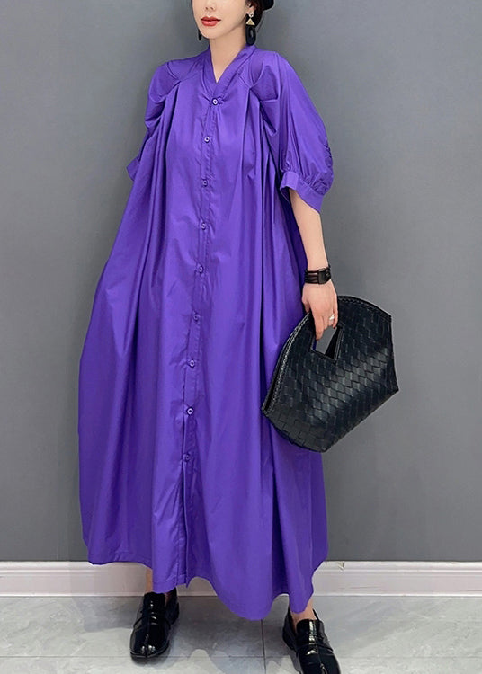 Stylish Purple V Neck Puff Sleeve Cotton Maxi Dresses LY0551