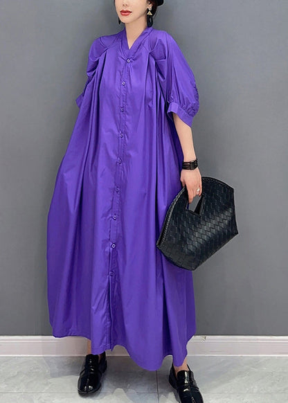 Stylish Purple V Neck Puff Sleeve Cotton Maxi Dresses LY0551