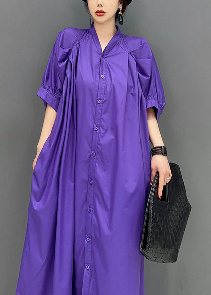 Stylish Purple V Neck Puff Sleeve Cotton Maxi Dresses LY0551