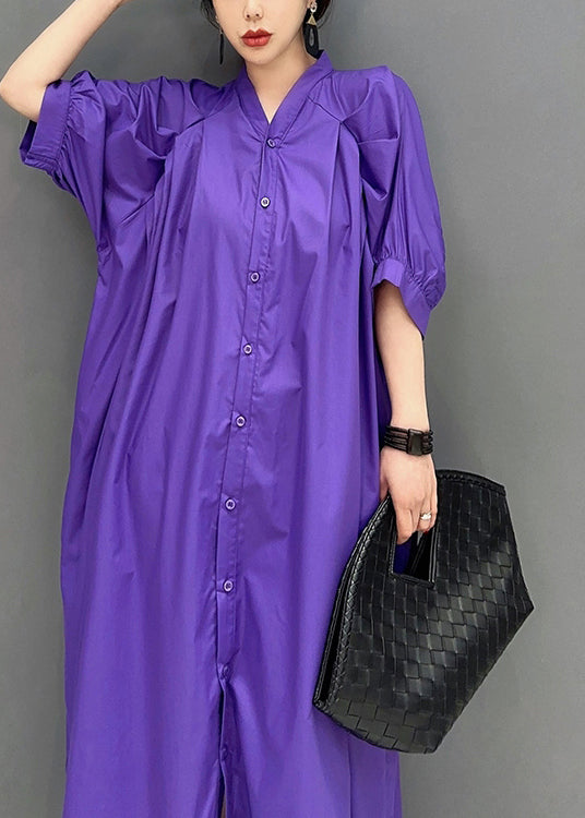 Stylish Purple V Neck Puff Sleeve Cotton Maxi Dresses LY0551