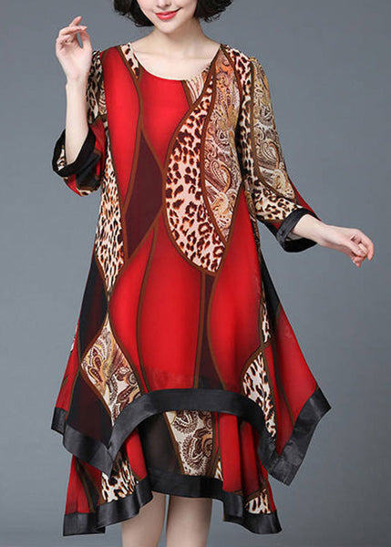 Stylish Red O-Neck Asymmetrical Print Patchwork Layered Maxi Dress Spring LY1764