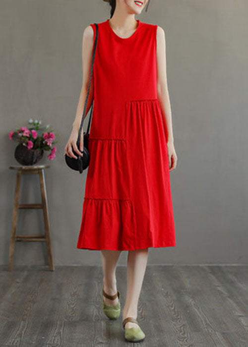 Stylish Red O-Neck Patchwork Cotton Party Dress Sleeveless TG1025