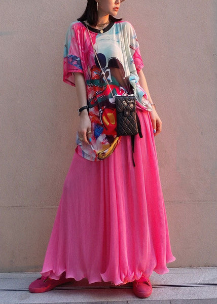 Stylish Red Oversized Print Wrinkled Chiffon Two-Piece Set Summer LY1581