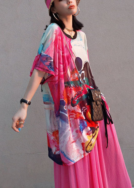 Stylish Red Oversized Print Wrinkled Chiffon Two-Piece Set Summer LY1581