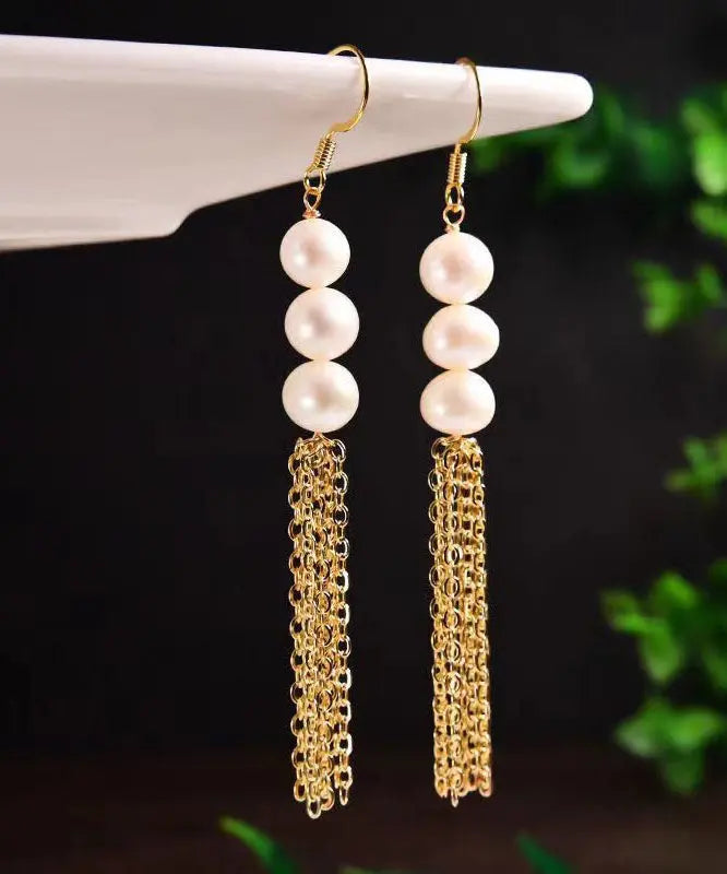 Stylish White Sterling Silver Overgild Pearl Tassel Drop Earrings Ada Fashion