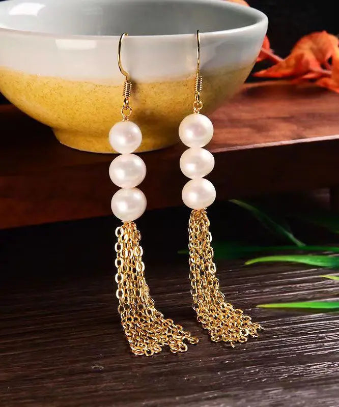 Stylish White Sterling Silver Overgild Pearl Tassel Drop Earrings Ada Fashion