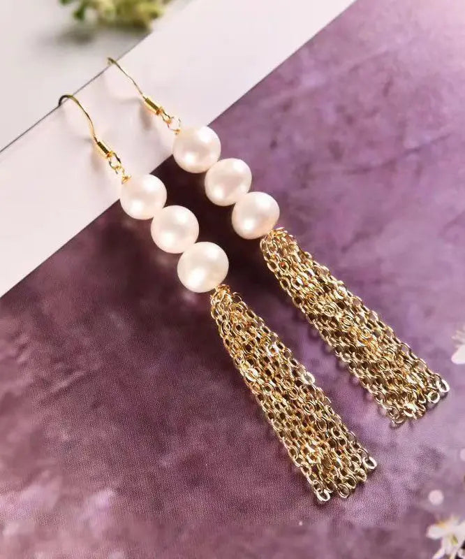 Stylish White Sterling Silver Overgild Pearl Tassel Drop Earrings Ada Fashion