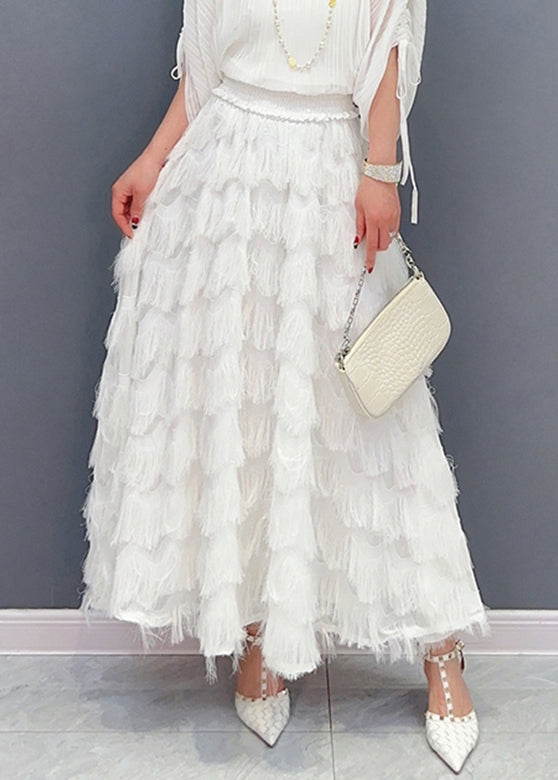 Stylish White Tassel Elastic Waist Maxi Skirt Spring LC0309