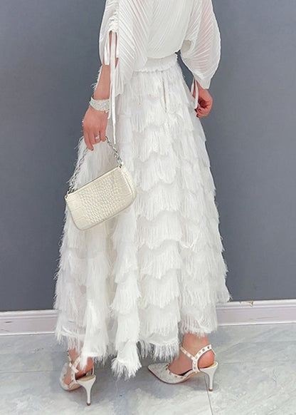 Stylish White Tassel Elastic Waist Maxi Skirt Spring LC0309