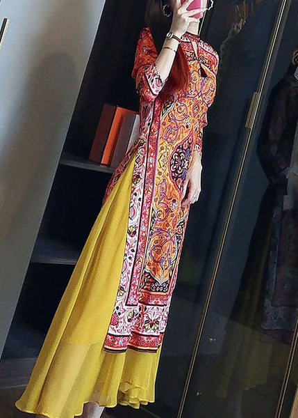 Stylish Yellow Print Patchwork Side Open Silk Dress Spring LY1676
