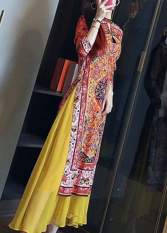 Stylish Yellow Print Patchwork Side Open Silk Dress Spring LY1676