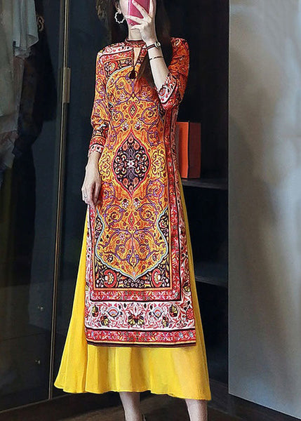 Stylish Yellow Print Patchwork Side Open Silk Dress Spring LY1676