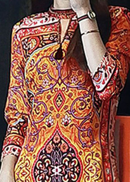 Stylish Yellow Print Patchwork Side Open Silk Dress Spring LY1676