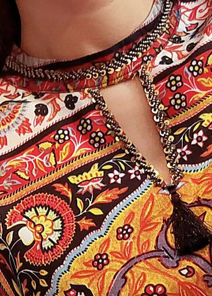 Stylish Yellow Print Patchwork Side Open Silk Dress Spring LY1676