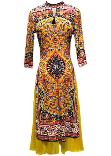 Stylish Yellow Print Patchwork Side Open Silk Dress Spring LY1676