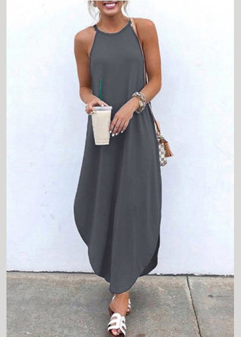 Summer Grey Strap Sleeveless Irregular Party Maxi Women Dress LC0058