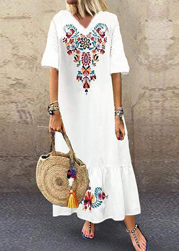 Summer White Comfortable Print Short Sleeved Pullover Long Dress LC0009