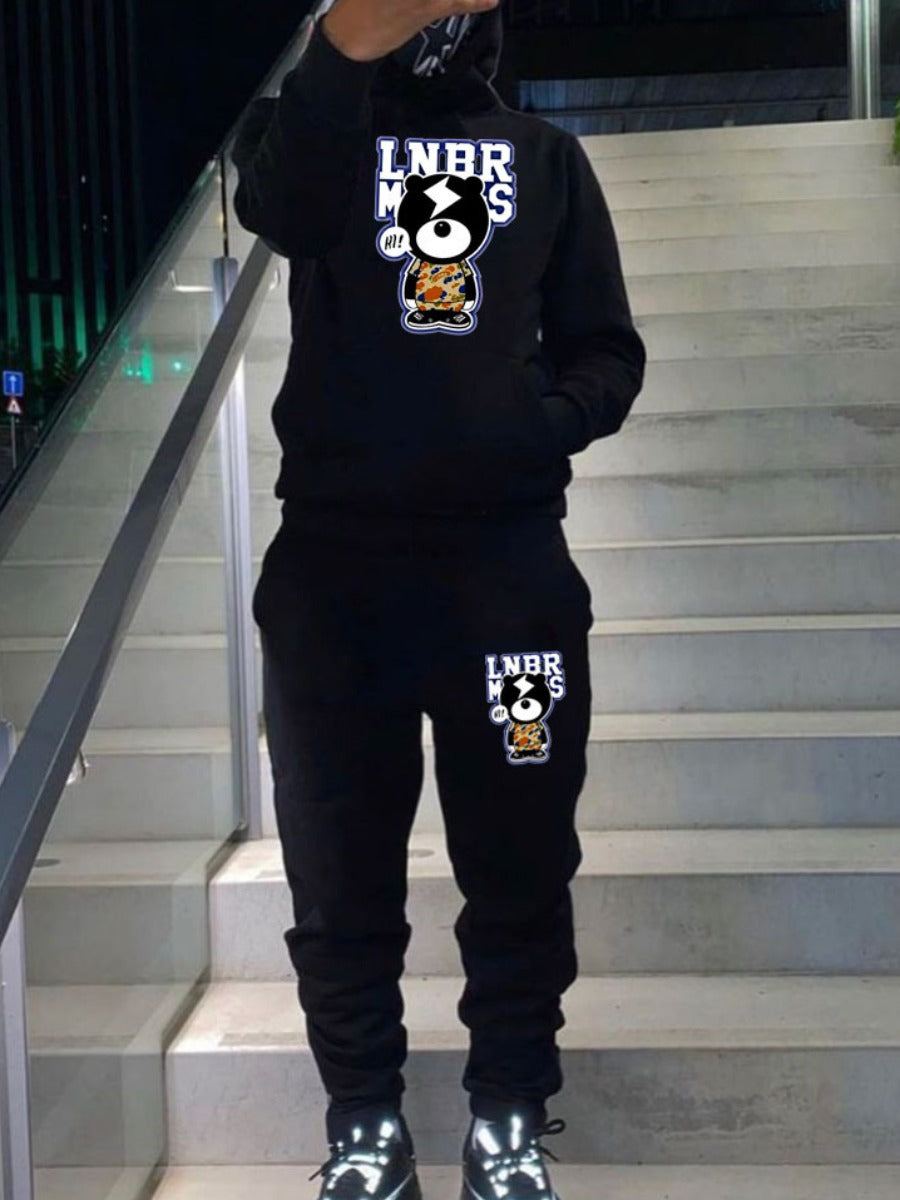 Men Cartoon Letter Print Kangaroo Pocket Tracksuit Set BO301