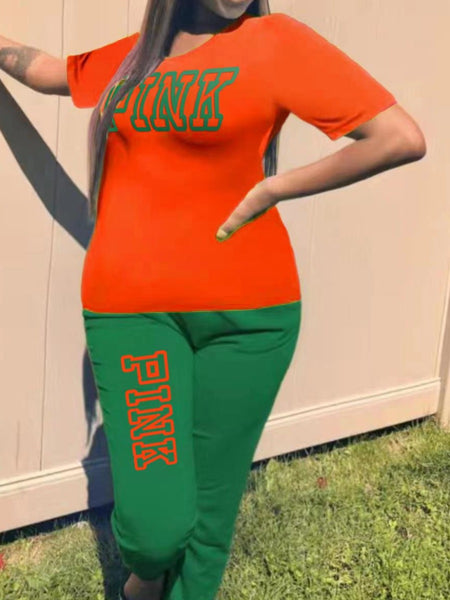 Plus Size Pink Letter Print Pants Set AR5051