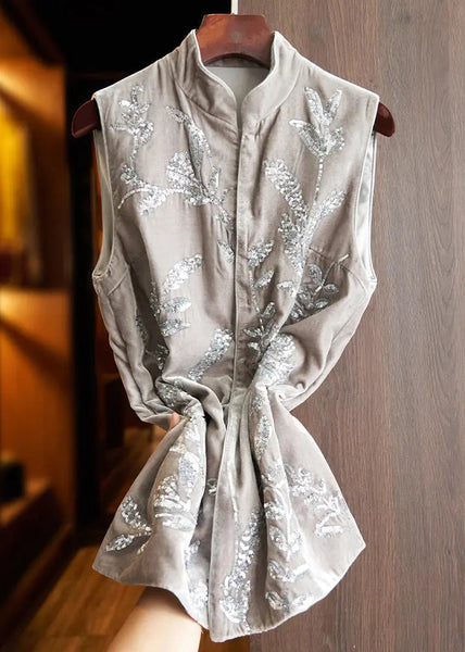 Top Quality Brown Sequins Button Patchwork Silk Velour Waistcoat Fall Ada Fashion