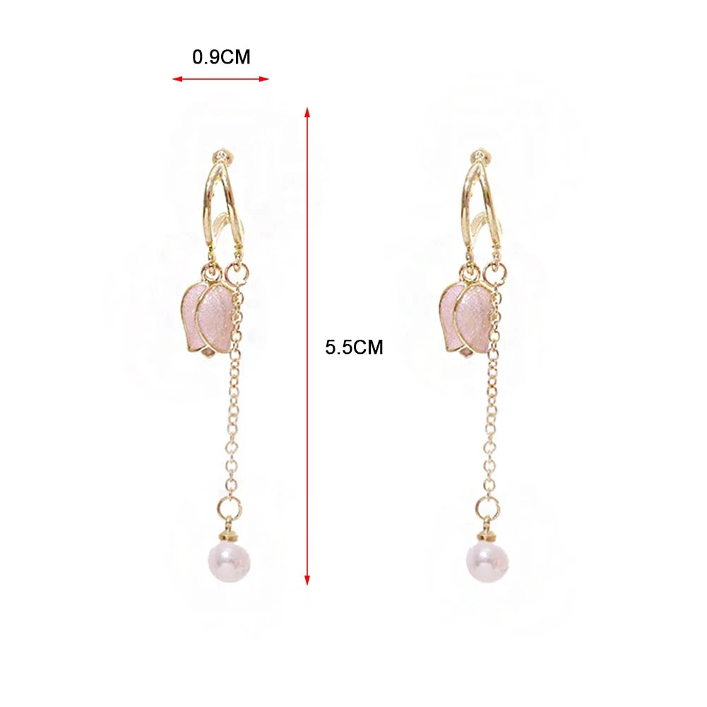 Pink tulip fringe long pearl earrings - Furdela