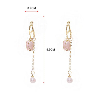 Pink tulip fringe long pearl earrings - Furdela