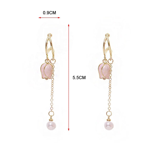Pink tulip fringe long pearl earrings - Furdela