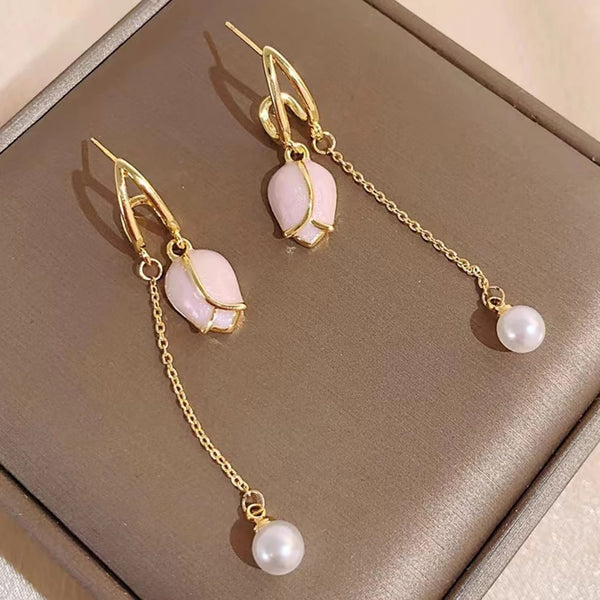 Pink tulip fringe long pearl earrings - Furdela