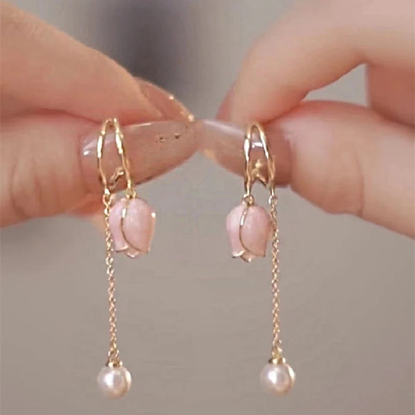 Pink tulip fringe long pearl earrings - Furdela