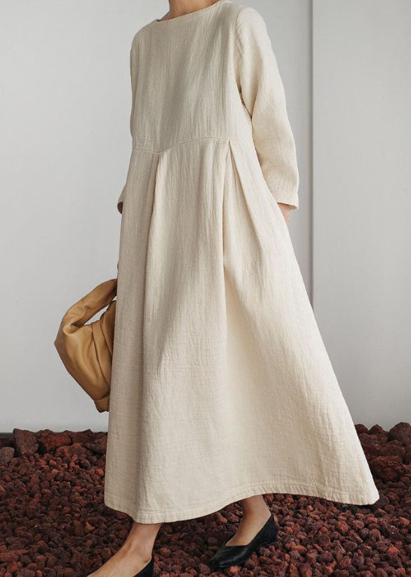 Unique Beige O Neck Wrinkled Patchwork Long Cotton Dresses Spring F4148