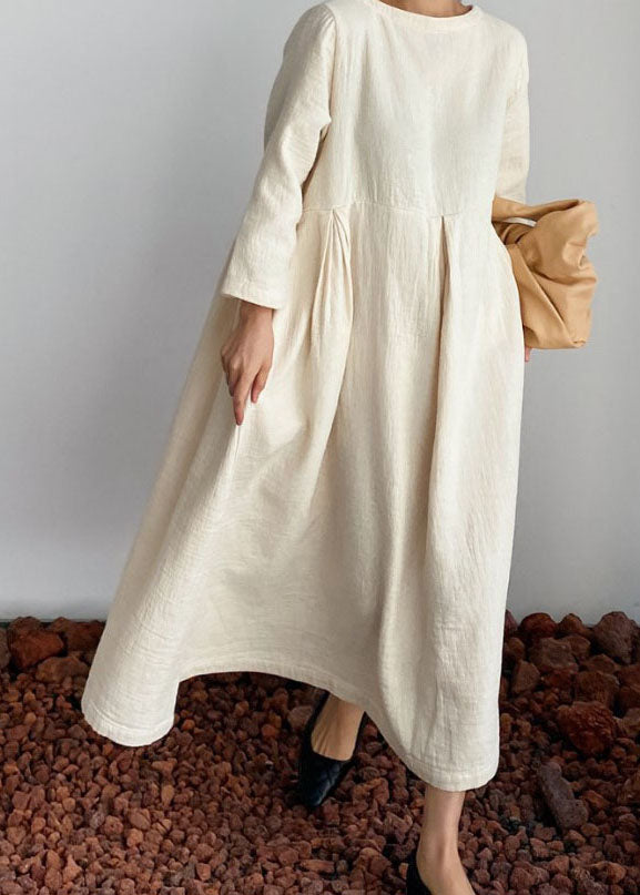 Unique Beige O Neck Wrinkled Patchwork Long Cotton Dresses Spring F4148