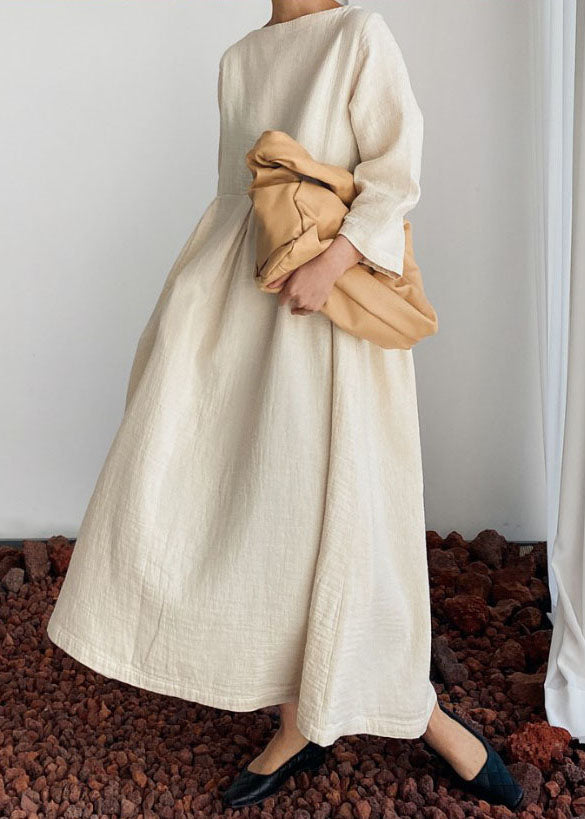 Unique Beige O Neck Wrinkled Patchwork Long Cotton Dresses Spring F4148