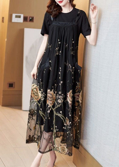 Unique Black Embroideried Patchwork Pockets Tulle Strap Dresses Summer AC2003