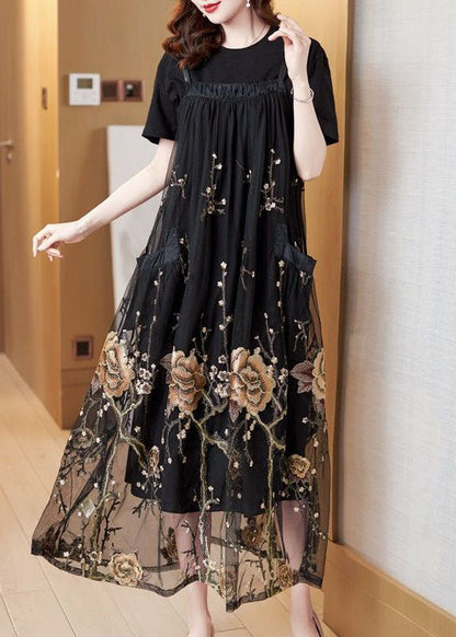 Unique Black Embroideried Patchwork Pockets Tulle Strap Dresses Summer AC2003