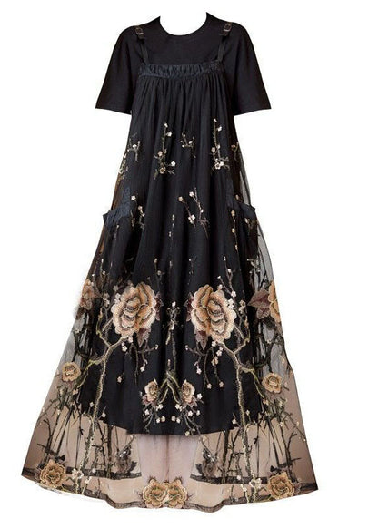 Unique Black Embroideried Patchwork Pockets Tulle Strap Dresses Summer AC2003