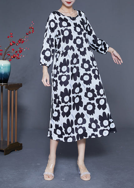 Unique Black O-Neck Sunflower Print Silk Dresses Bracelet Sleeve LY1823