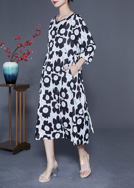 Unique Black O-Neck Sunflower Print Silk Dresses Bracelet Sleeve LY1823