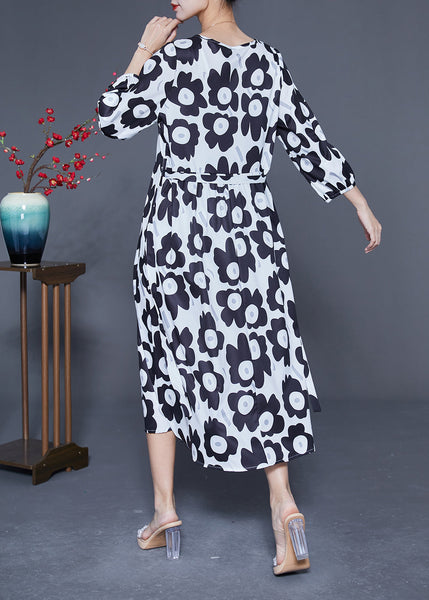 Unique Black O-Neck Sunflower Print Silk Dresses Bracelet Sleeve LY1823