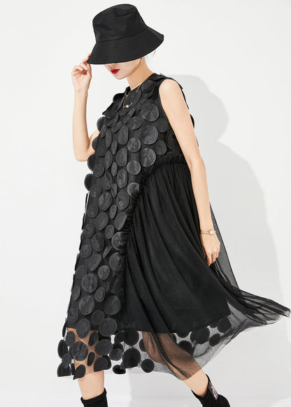 Unique Black Oversized Patchwork Tulle Holiday Dress Sleeveless LY0881