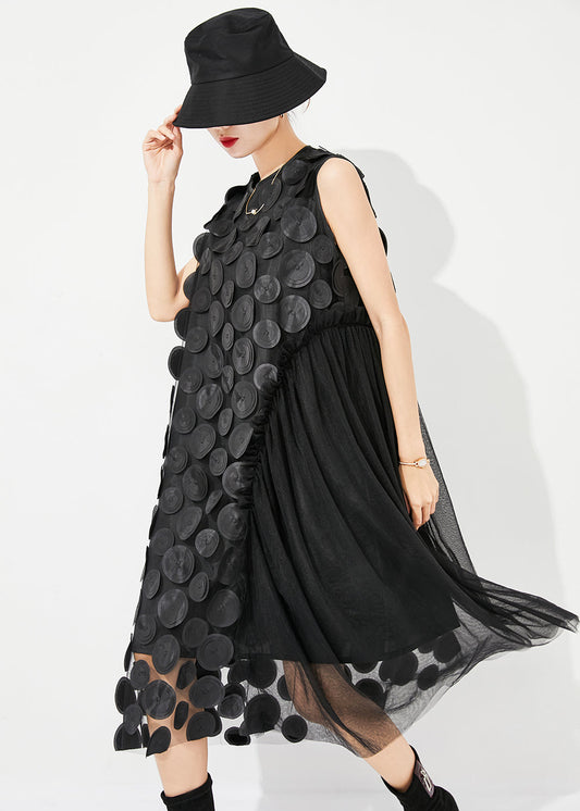 Unique Black Oversized Patchwork Tulle Holiday Dress Sleeveless LY0881