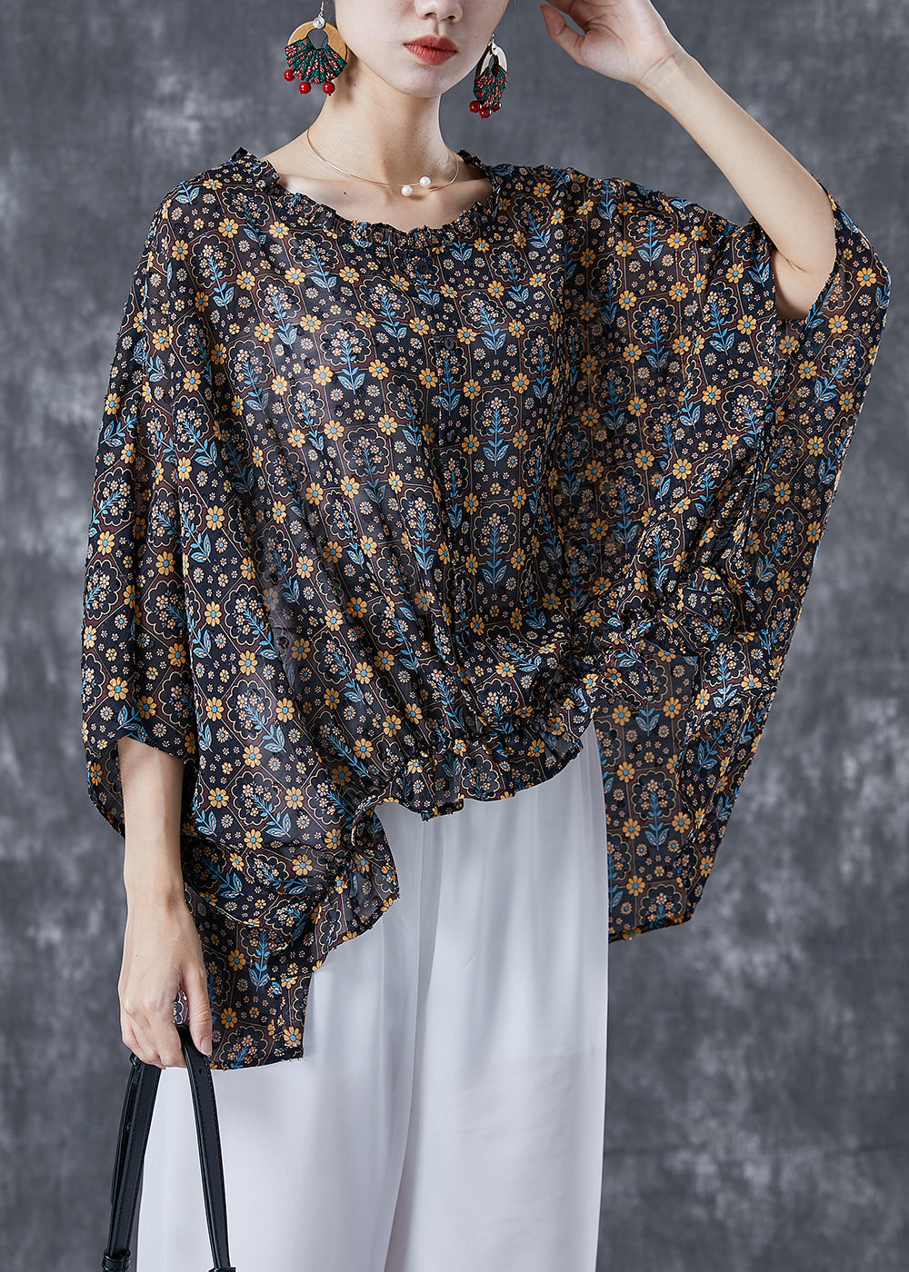 Unique Black Oversized Print Wrinkled Cotton Shirt Batwing Sleeve TA1069